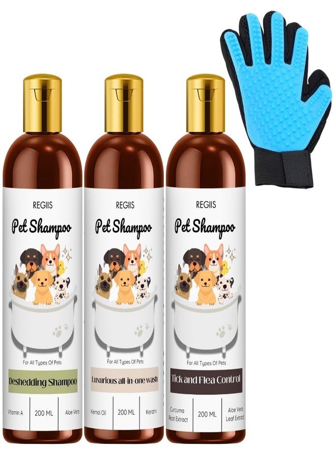 مجموعة شامبو الحيوانات الأليفة من ريجيس، عبوة من 3 قطع، شامبو للكلاب لإزالة الشعر الزائد، غسيل شامل، مكافحة القراد والبراغيث، 200 مل لكل عبوة، مع قفاز للتنظيف (عبوة من 4 قطع) - Image 1